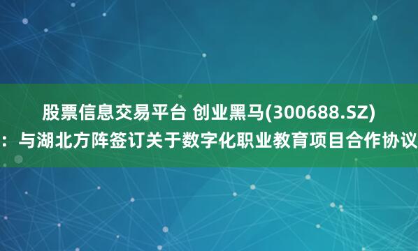 股票信息交易平台 创业黑马(300688.SZ)：与湖北方阵签订关于数字化职业教育项目合作协议